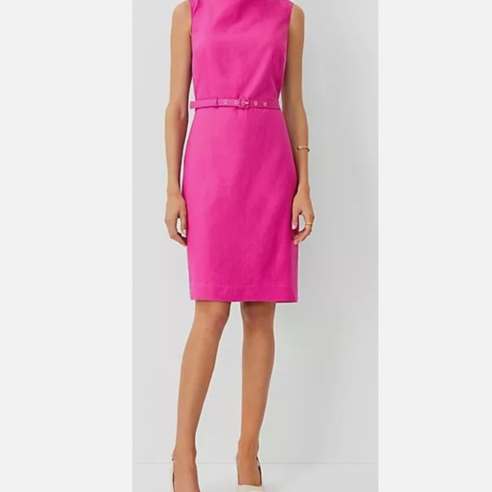 Ann Taylor Boatneck Linen Blend Belted Sheath Dress Bold Pink Women'